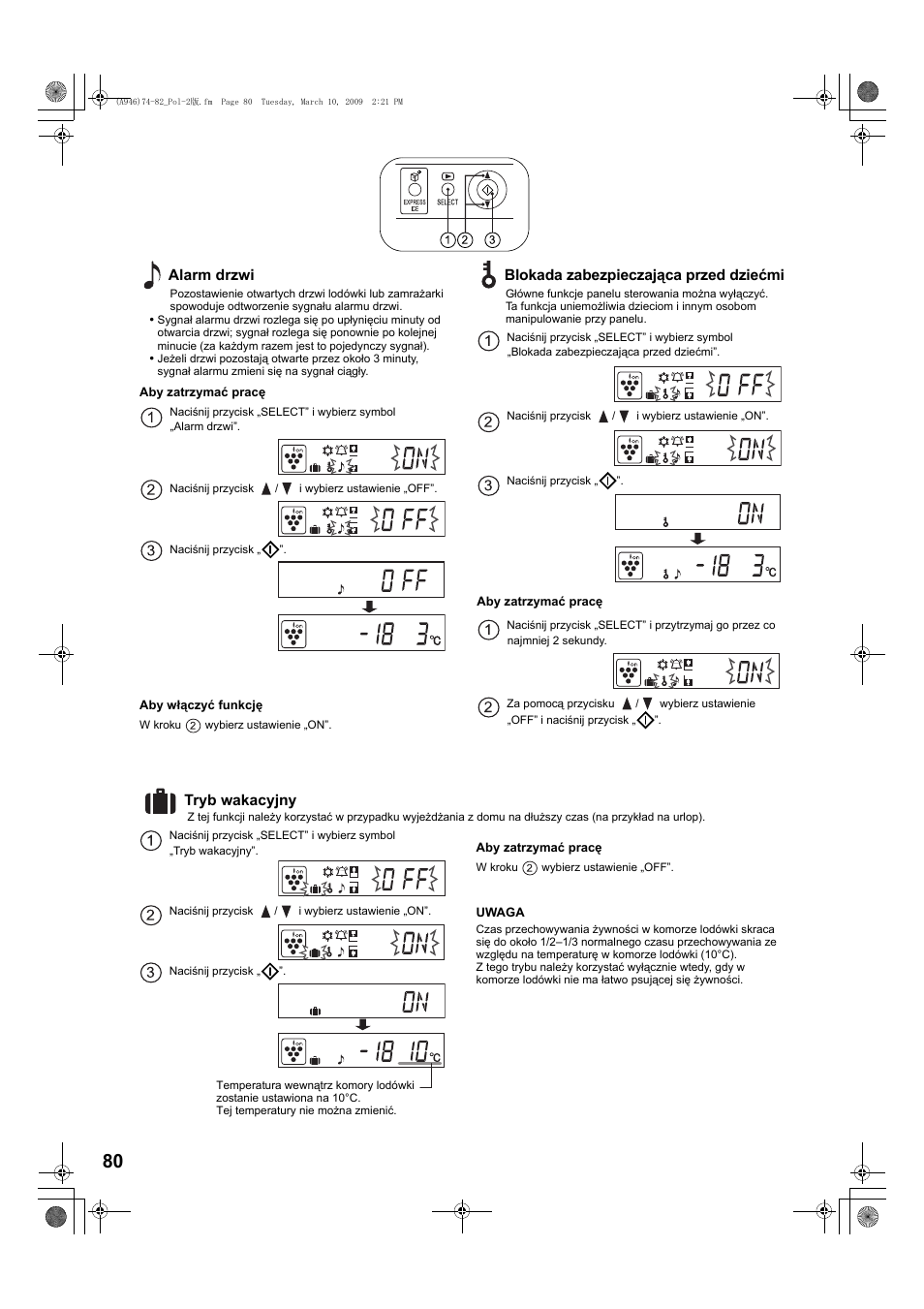Alarm drzwi, Blokada zabezpieczająca przed dziećmi, Tryb wakacyjny | Sharp SJ-F800SPBK User Manual | Page 80 / 173