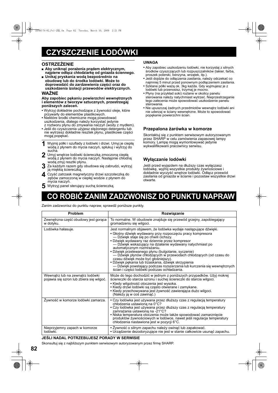 Czyszczenie lodówki, 5 wytrzyj panel sterujący suchą ściereczką, Co robić zanim zadzwonisz do punktu napraw | Sharp SJ-F800SPBK User Manual | Page 82 / 173