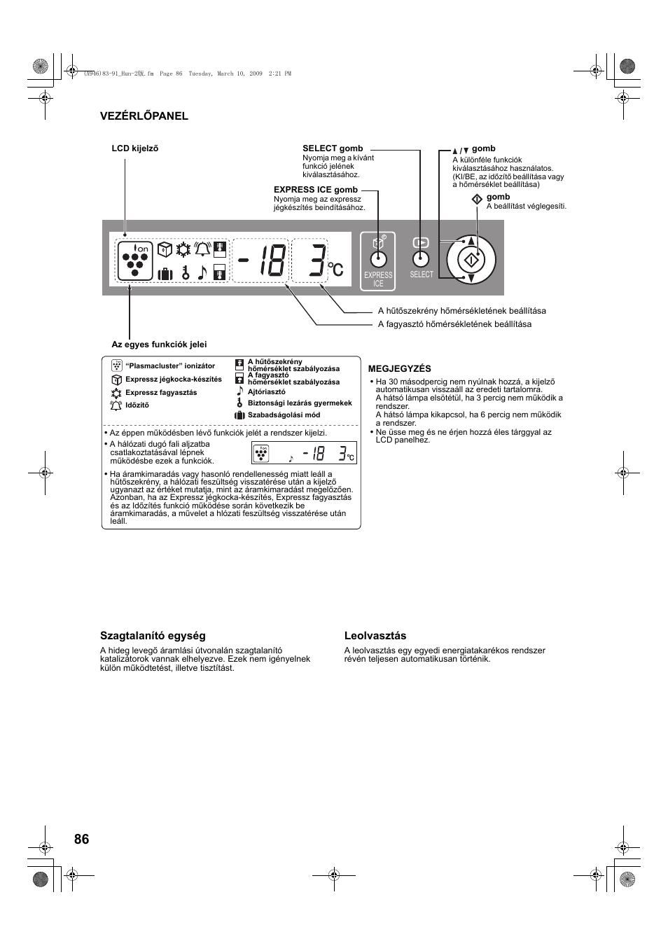 Vezérlőpanel | Sharp SJ-F800SPBK User Manual | Page 86 / 173