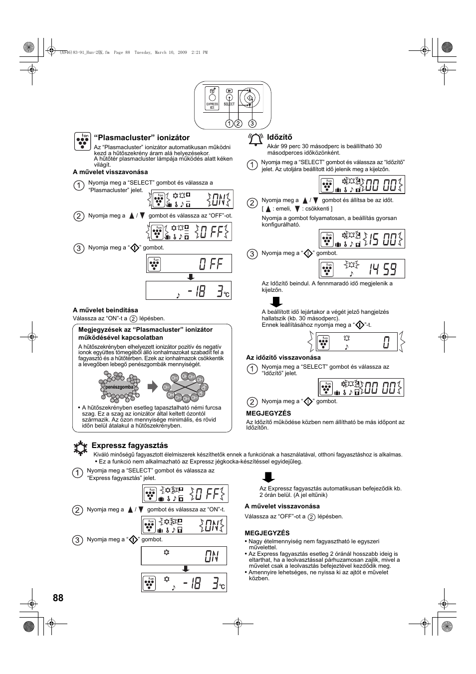 Plasmacluster” ionizátor, Időzítő, Expressz fagyasztás | Sharp SJ-F800SPBK User Manual | Page 88 / 173