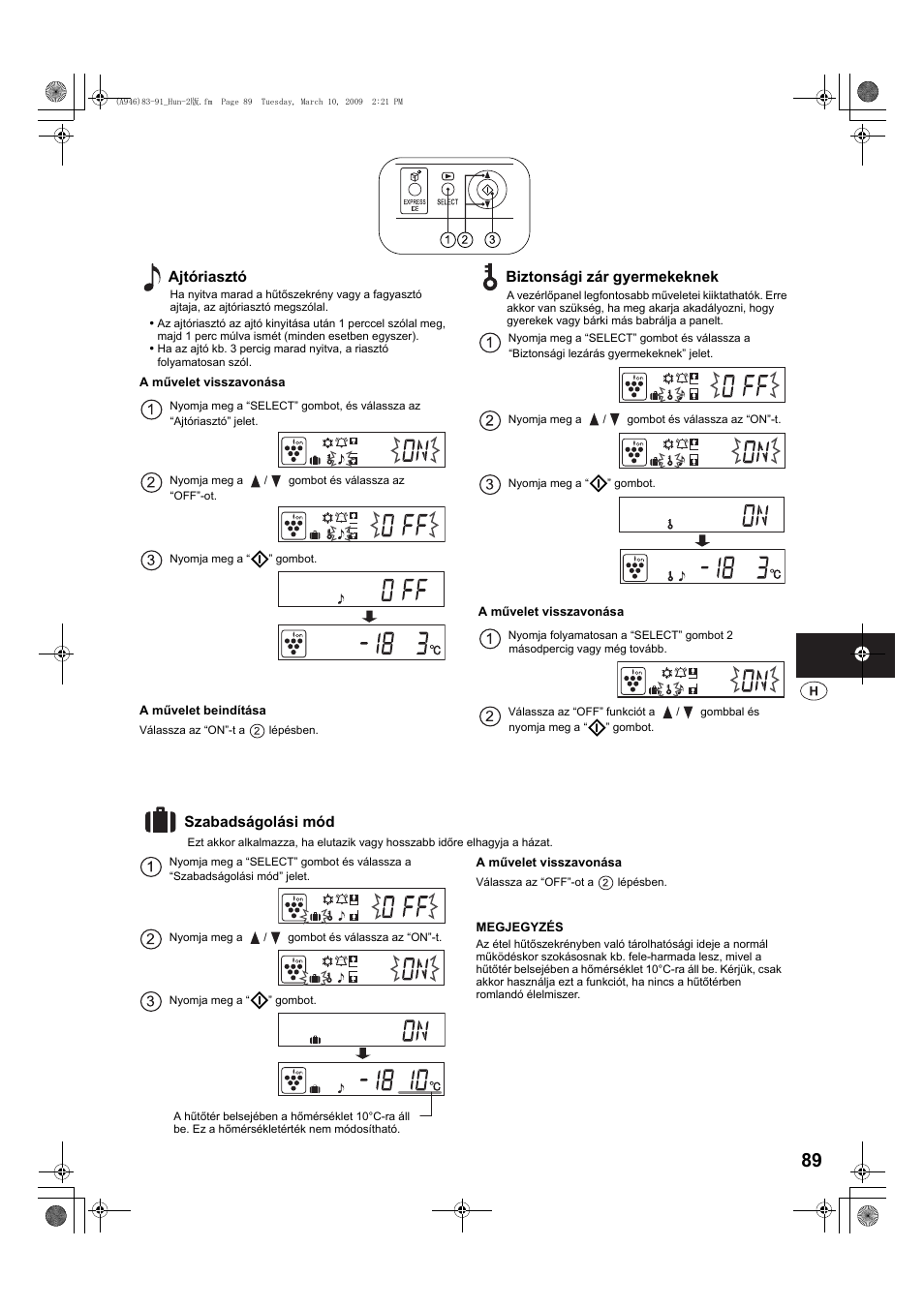 Ajtóriasztó, Biztonsági zár gyermekeknek, Szabadságolási mód | Sharp SJ-F800SPBK User Manual | Page 89 / 173