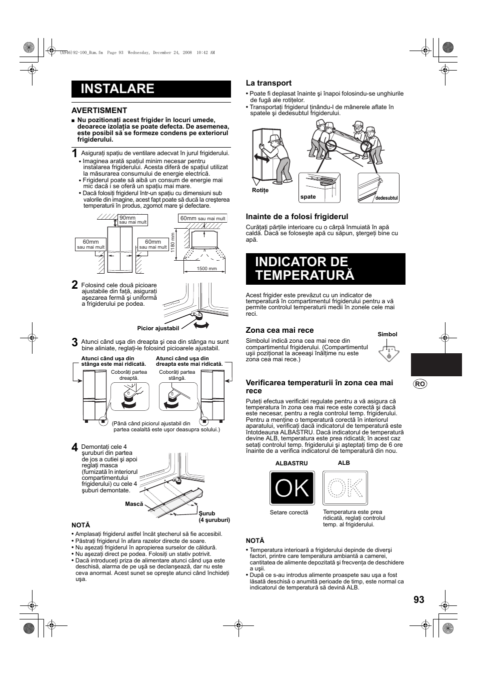 Instalare, Indicator de temperaturã, Indicator de temperatură | Sharp SJ-F800SPBK User Manual | Page 93 / 173