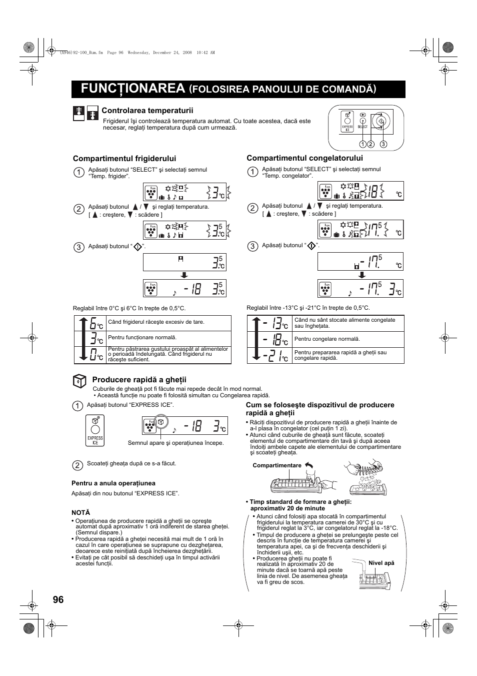 Func×ionarea (folosirea panoului de comandã), Controlarea temperaturii, Producere rapidã a ghe ii | Funcţionarea, Folosirea panoului de comandă) | Sharp SJ-F800SPBK User Manual | Page 96 / 173