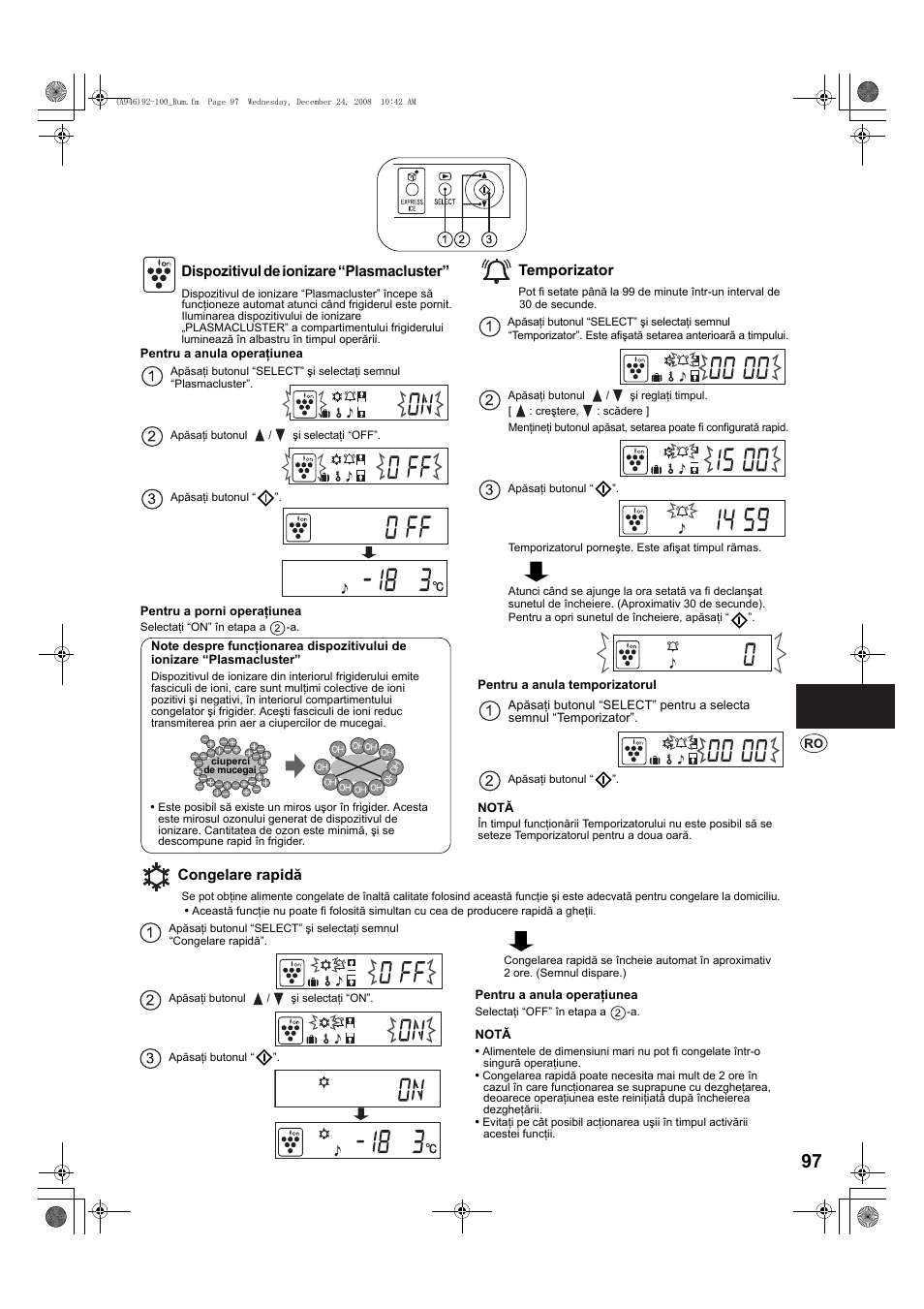 Dispozitivul de ionizare “plasmacluster, Temporizator, Congelare rapidã | Congelare rapidă | Sharp SJ-F800SPBK User Manual | Page 97 / 173