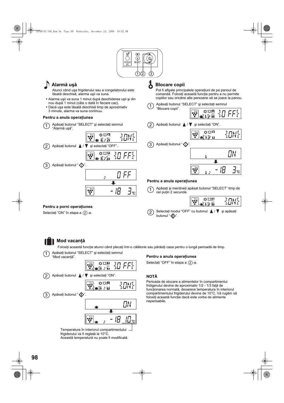 Alarmã uºã, Blocare copii, Mod vacan ã | Sharp SJ-F800SPBK User Manual | Page 98 / 173