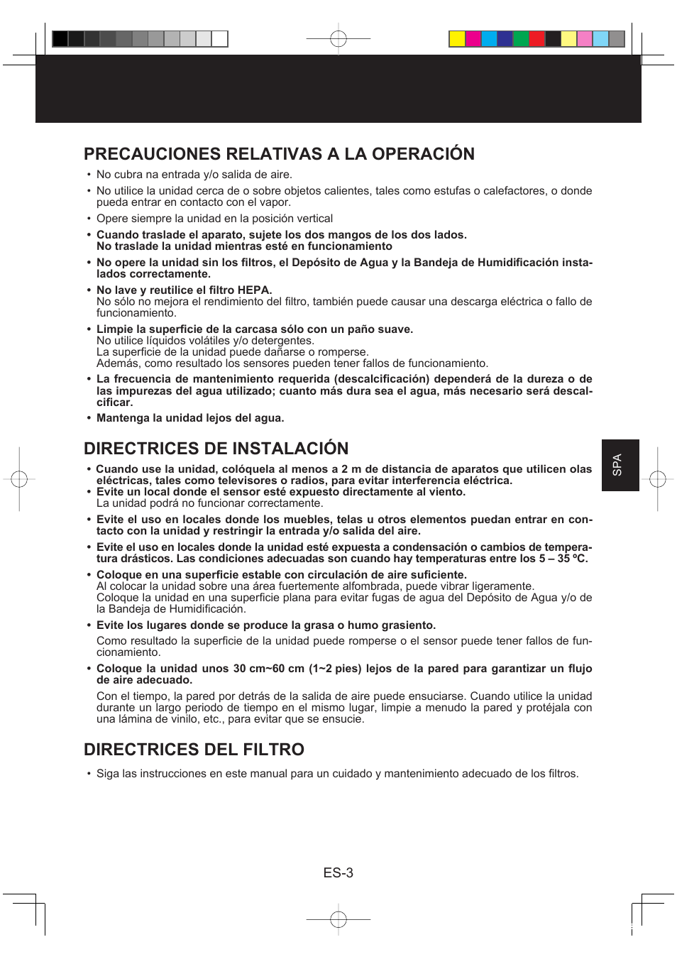 Precauciones relativas a la operación, Directrices de instalación, Directrices del filtro | Sharp KC-860E User Manual | Page 105 / 264