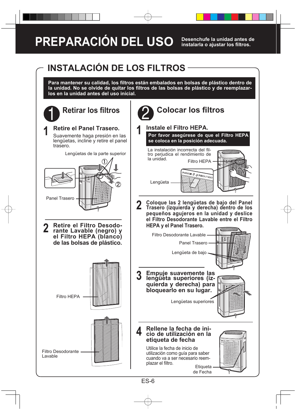 Preparación del uso 1, Instalación de los filtros, Colocar los fi ltros | Retirar los fi ltros | Sharp KC-860E User Manual | Page 108 / 264