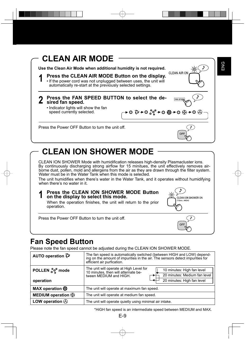 Clean air mode, Clean ion shower mode, Fan speed button | Sharp KC-860E User Manual | Page 11 / 264