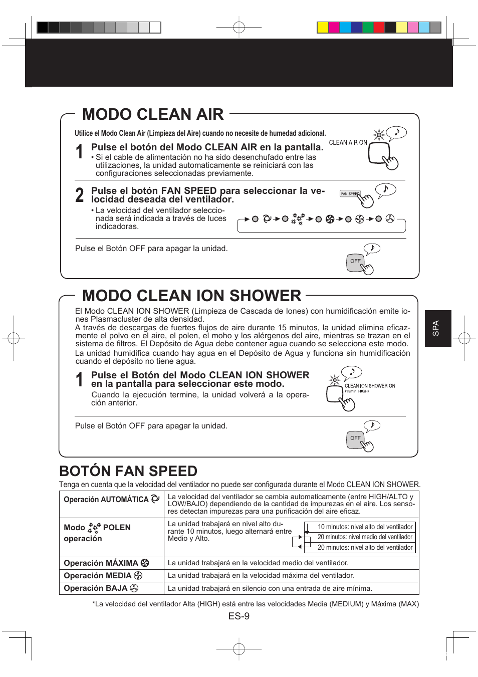 Modo clean air, Modo clean ion shower, Botón fan speed | Sharp KC-860E User Manual | Page 111 / 264