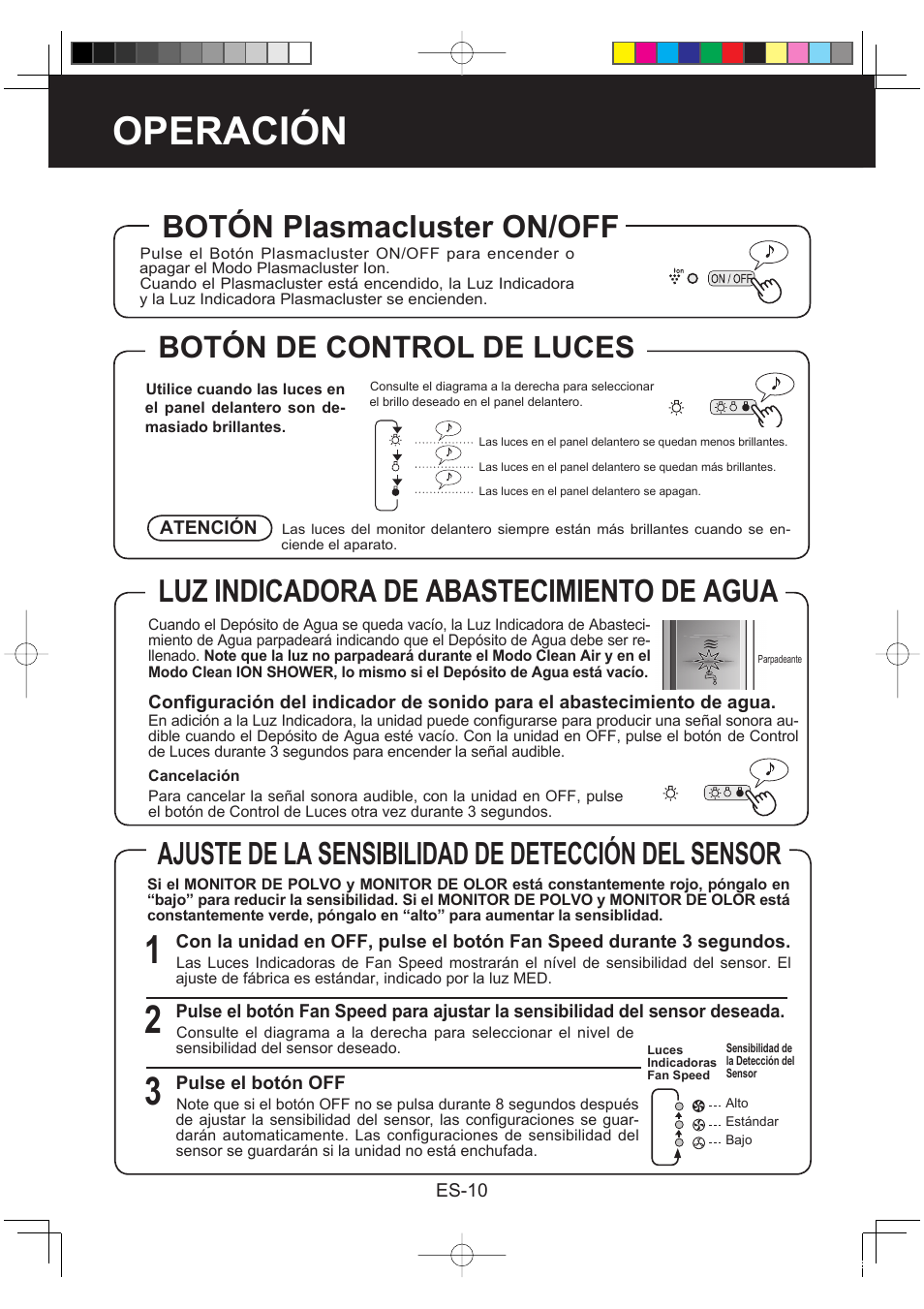 Operación, Luz indicadora de abastecimiento de agua, Ajuste de la sensibilidad de detección del sensor | Botón plasmacluster on/off, Botón de control de luces | Sharp KC-860E User Manual | Page 112 / 264