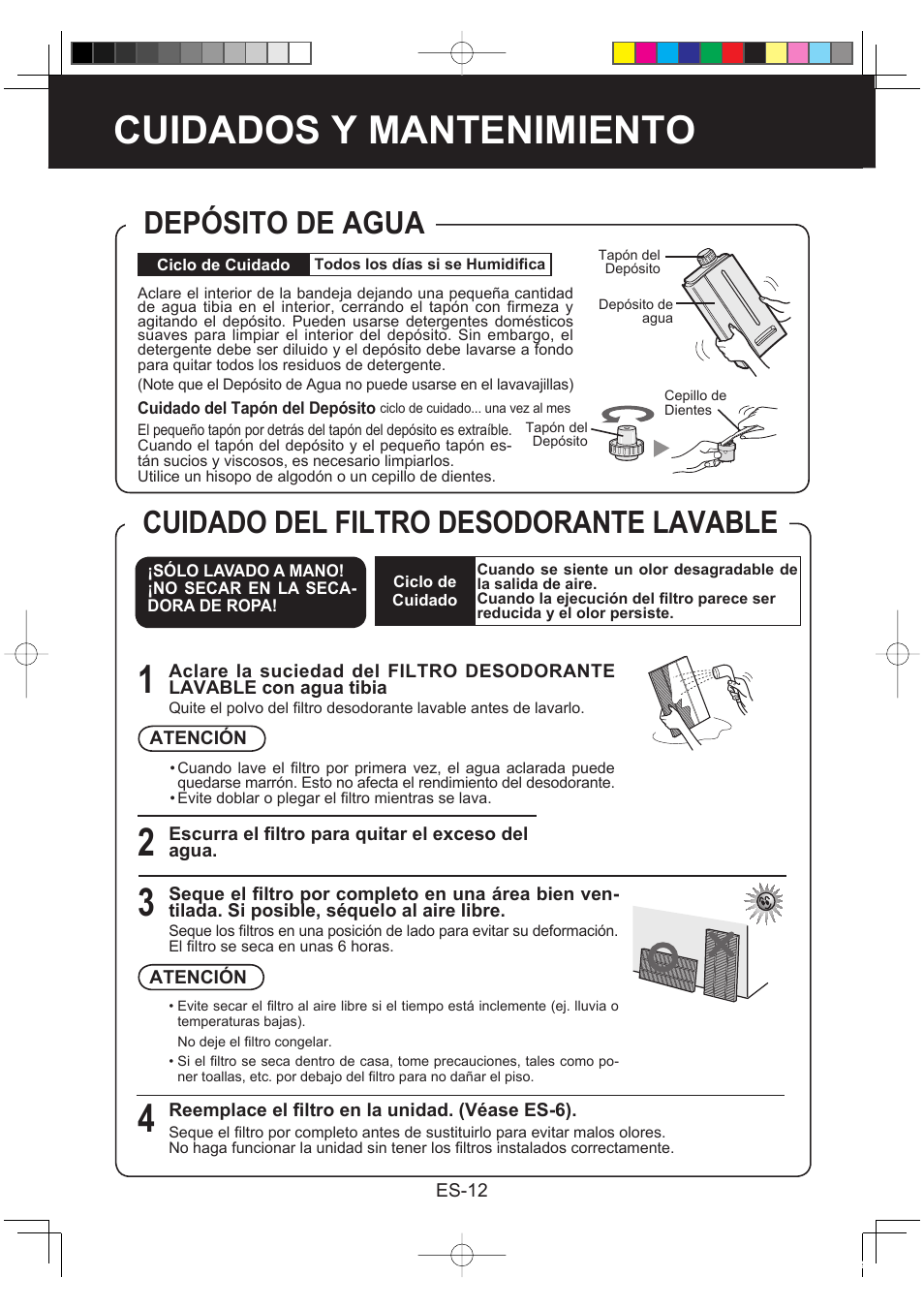 Cuidados y mantenimiento, Depósito de agua, Cuidado del filtro desodorante lavable | Sharp KC-860E User Manual | Page 114 / 264