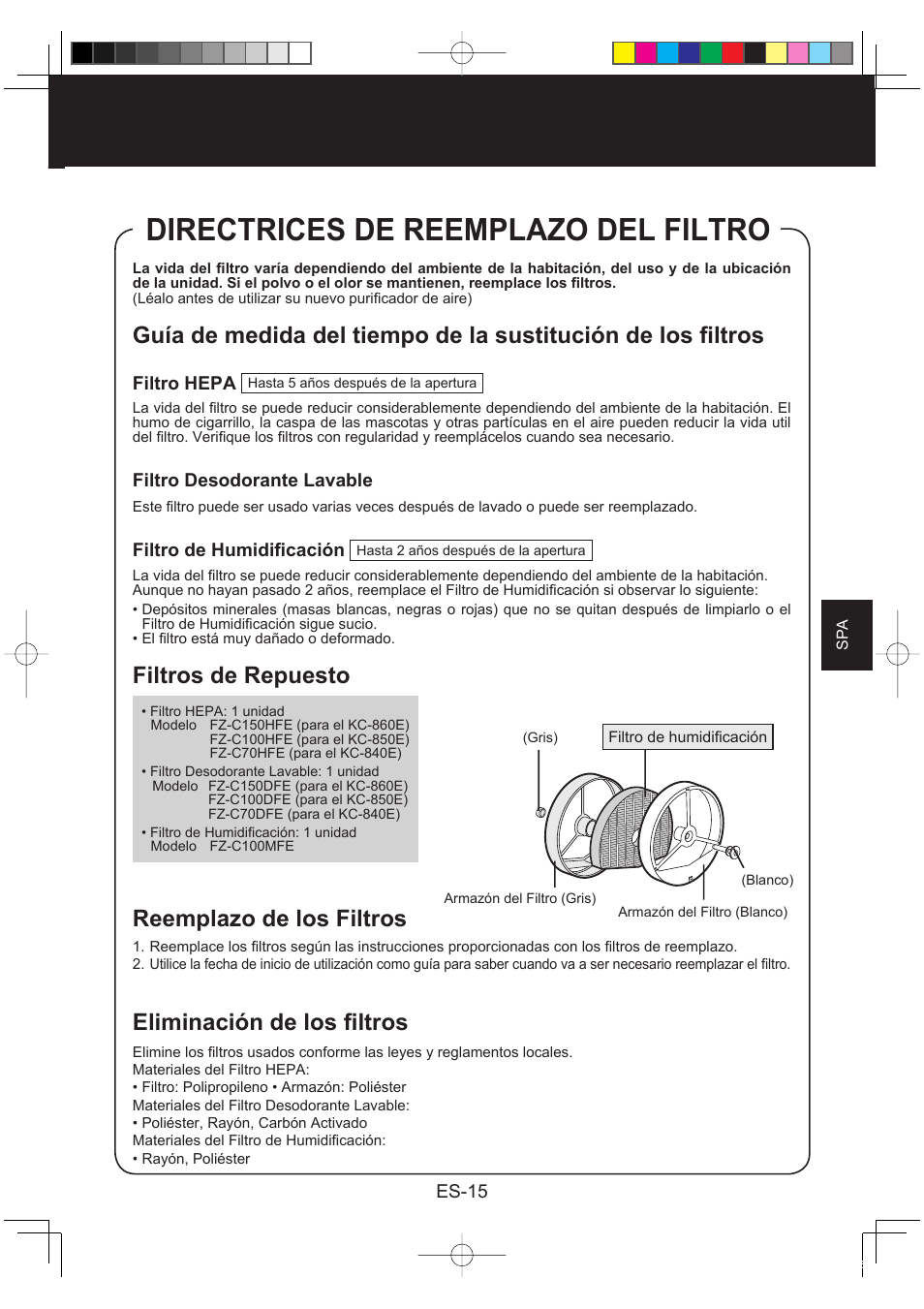 Directrices de reemplazo del filtro, Filtros de repuesto, Reemplazo de los filtros | Eliminación de los fi ltros | Sharp KC-860E User Manual | Page 117 / 264