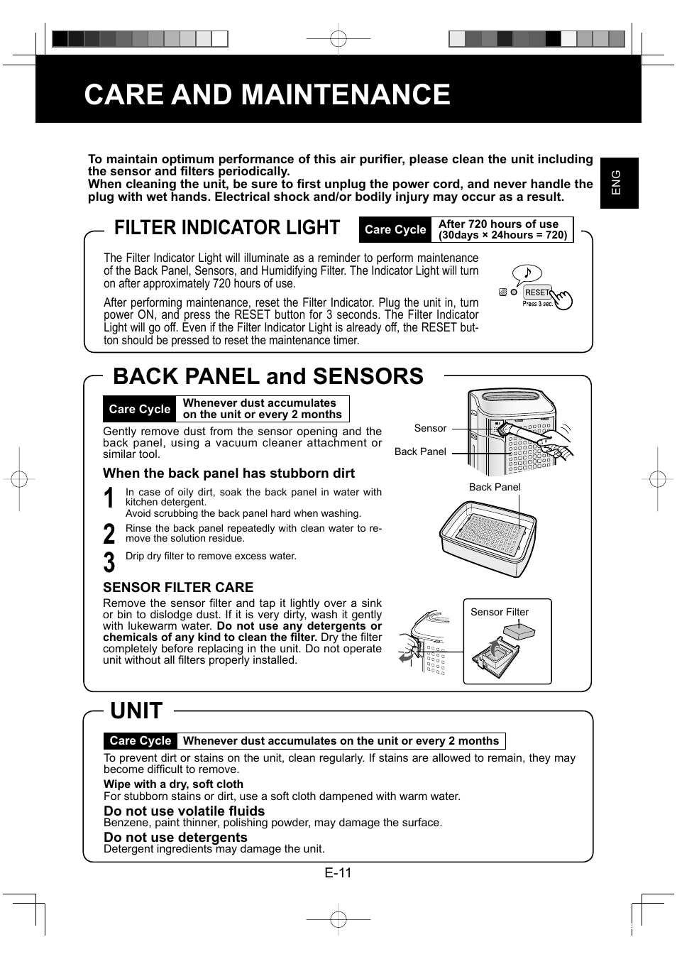 Care and maintenance, Unit, Back panel and sensors | Filter indicator light | Sharp KC-860E User Manual | Page 13 / 264