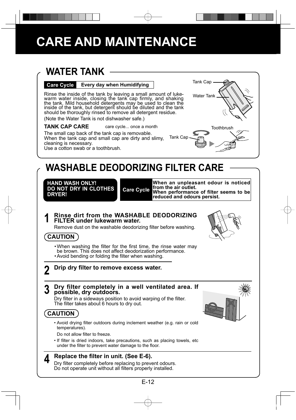 Care and maintenance, Water tank, Washable deodorizing filter care | Sharp KC-860E User Manual | Page 14 / 264