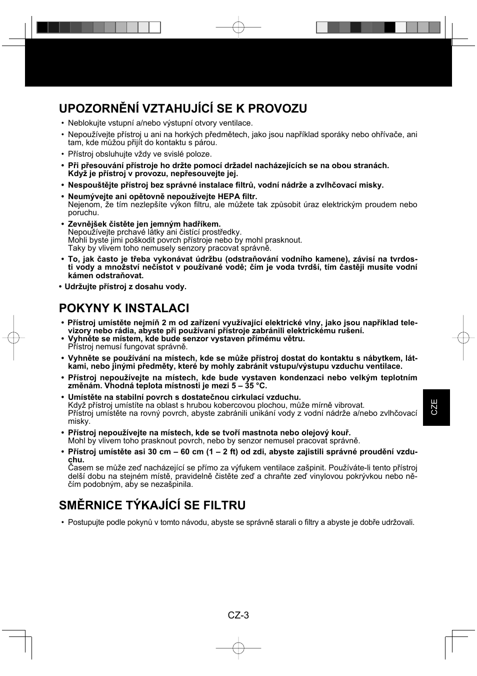 Upozornění vztahující se k provozu, Pokyny k instalaci, Směrnice týkající se filtru | Sharp KC-860E User Manual | Page 147 / 264