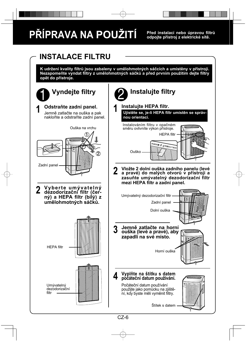 Příprava na použití 1, Instalace filtru, Instalujte fi ltry | Vyndejte fi ltry | Sharp KC-860E User Manual | Page 150 / 264