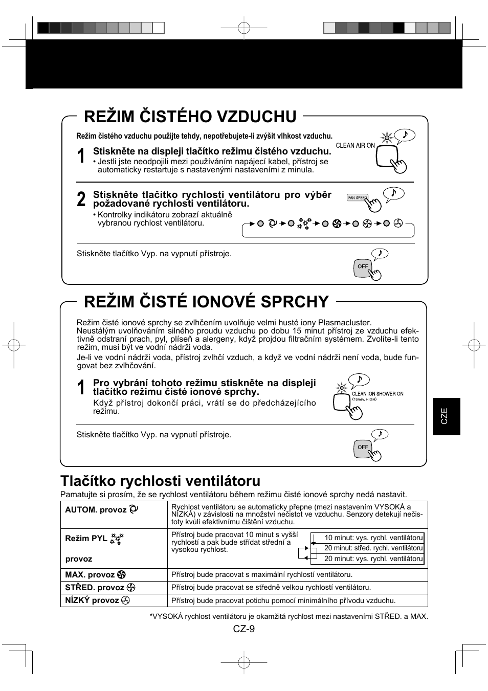 Režim čistého vzduchu, Režim čisté ionové sprchy, Tlačítko rychlosti ventilátoru | Sharp KC-860E User Manual | Page 153 / 264