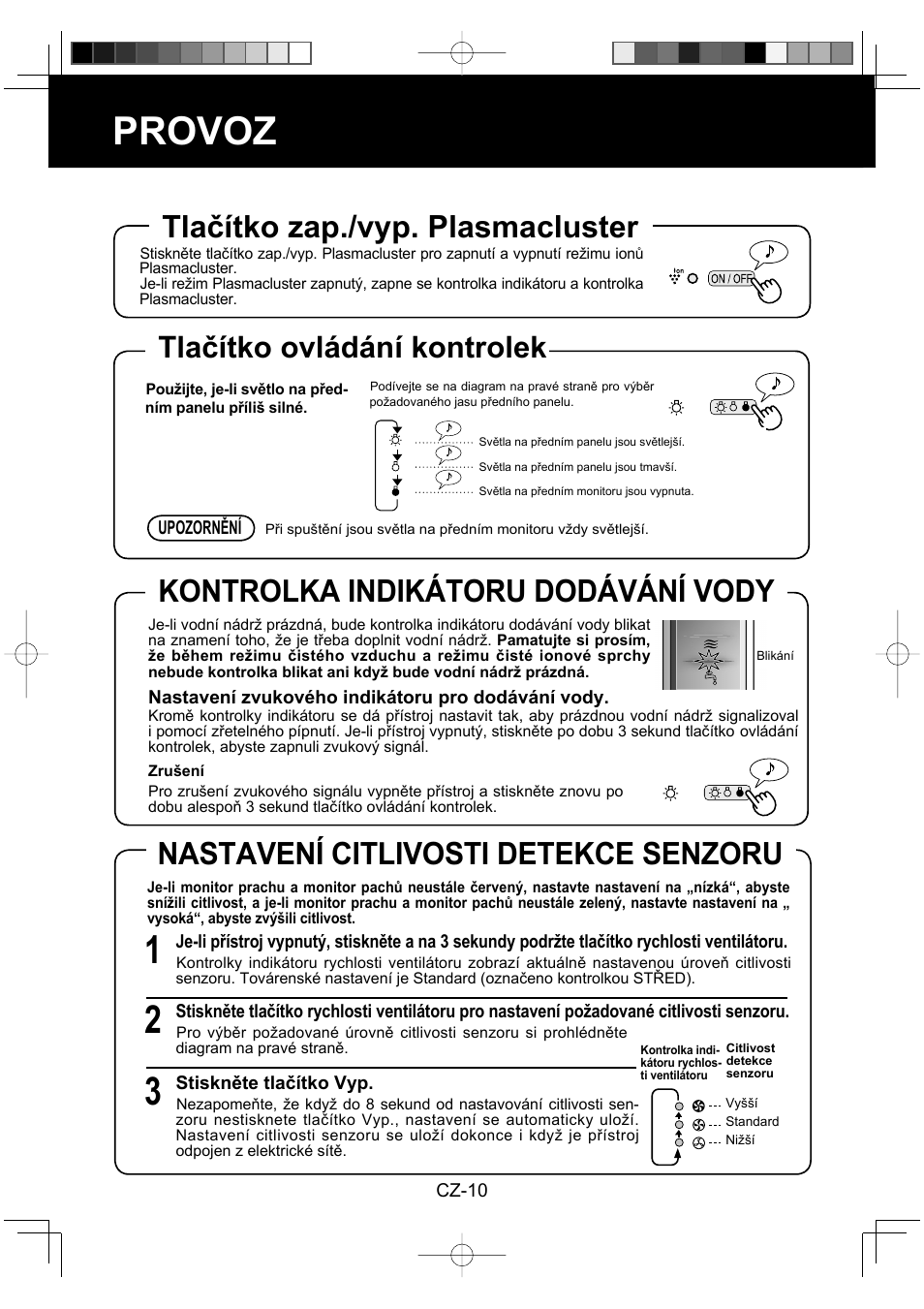 Provoz, Kontrolka indikátoru dodávání vody, Nastavení citlivosti detekce senzoru | Tlačítko zap./vyp. plasmacluster, Tlačítko ovládání kontrolek | Sharp KC-860E User Manual | Page 154 / 264