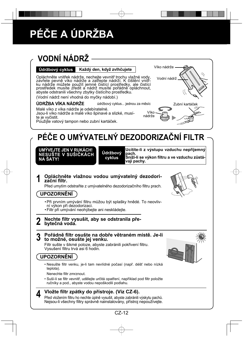 Péče a údržba, Vodní nádrž, Péče o umývatelný dezodorizační filtr | Sharp KC-860E User Manual | Page 156 / 264