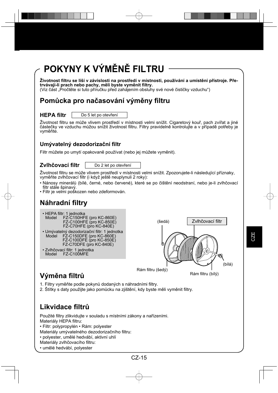 Pokyny k výměně filtru, Pomůcka pro načasování výměny fi ltru, Náhradní fi ltry | Výměna fi ltrů, Likvidace fi ltrů, Cz-15, Hepa fi ltr, Umývatelný dezodorizační fi ltr, Zvlhčovací fi ltr | Sharp KC-860E User Manual | Page 159 / 264