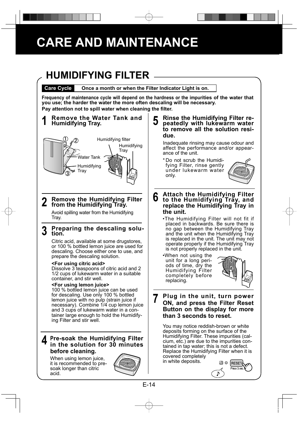 Care and maintenance, Humidifying filter | Sharp KC-860E User Manual | Page 16 / 264