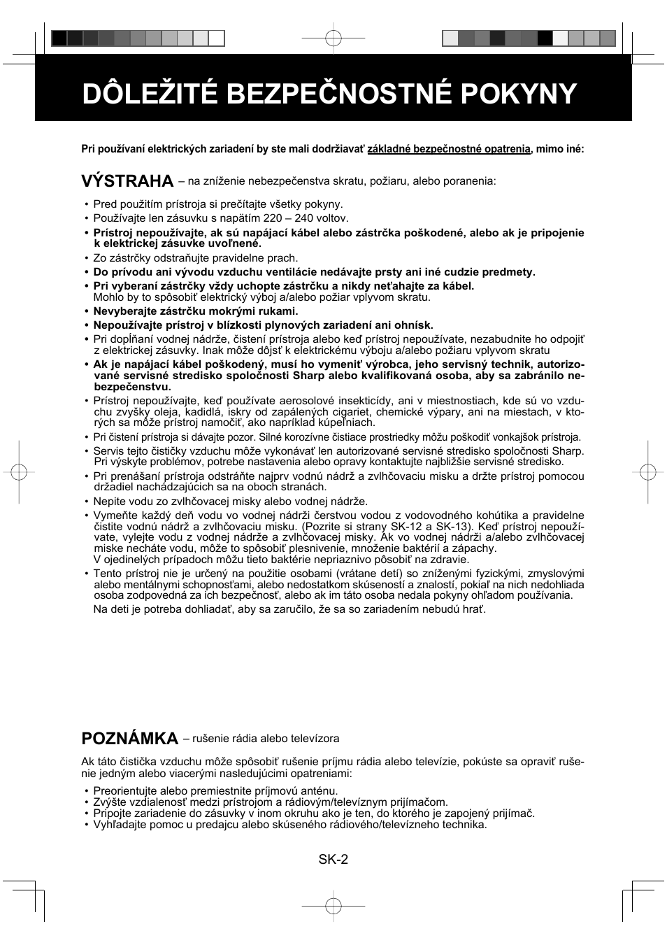 Dôležité bezpečnostné pokyny, Výstraha, Poznámka | Sharp KC-860E User Manual | Page 166 / 264