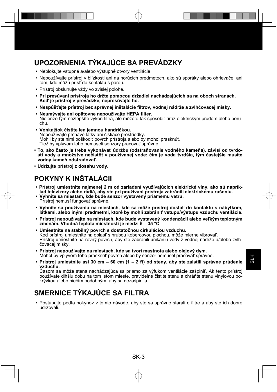 Upozornenia týkajúce sa prevádzky, Pokyny k inštalácii, Smernice týkajúce sa filtra | Sharp KC-860E User Manual | Page 167 / 264