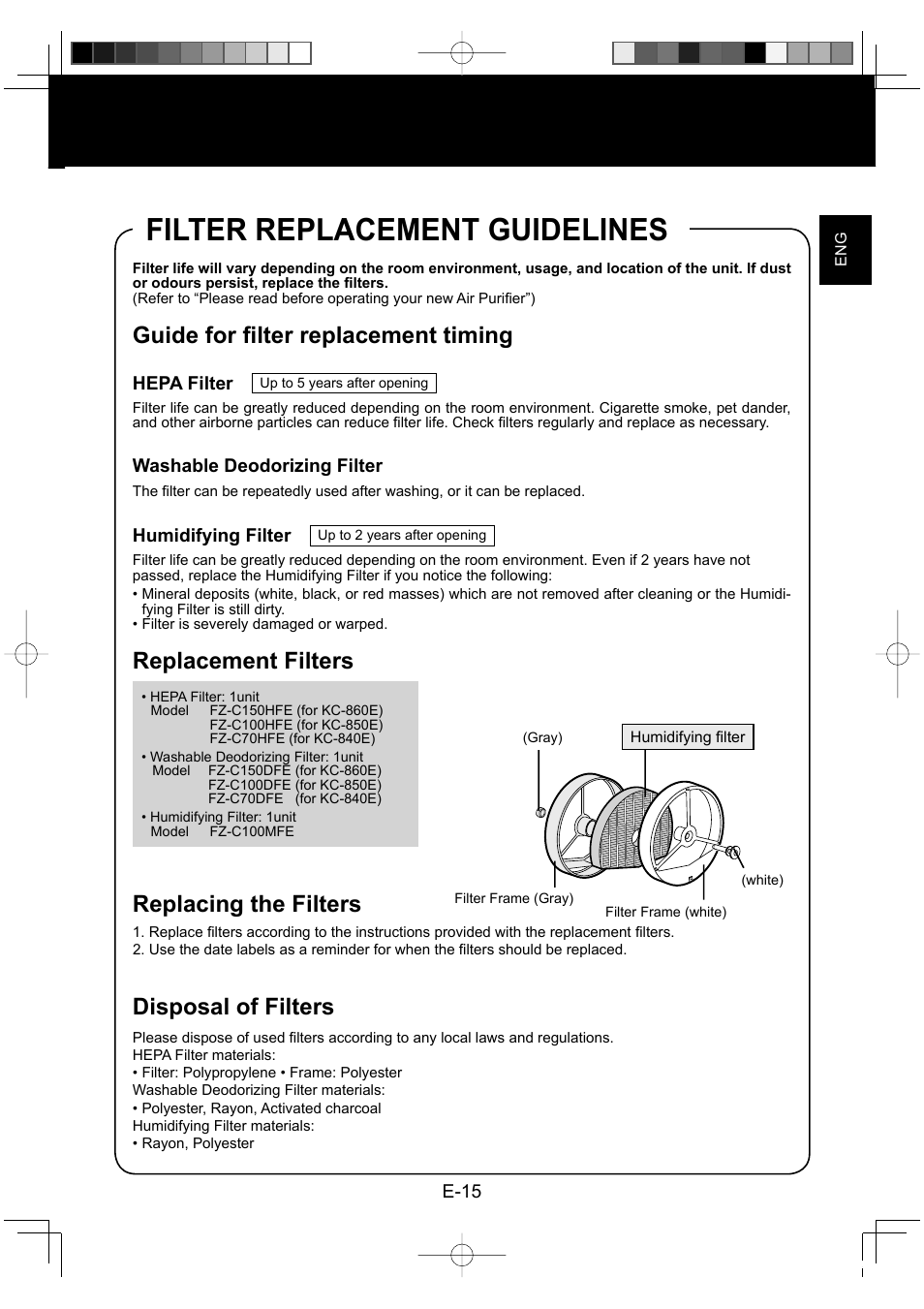 Filter replacement guidelines, Guide for fi lter replacement timing, Replacement filters | Replacing the filters, Disposal of filters | Sharp KC-860E User Manual | Page 17 / 264