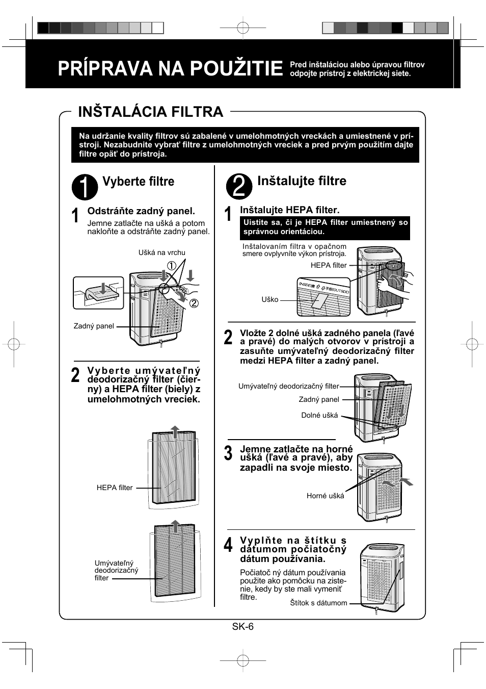 Príprava na použitie 1, Inštalácia filtra, Inštalujte fi ltre | Vyberte fi ltre | Sharp KC-860E User Manual | Page 170 / 264
