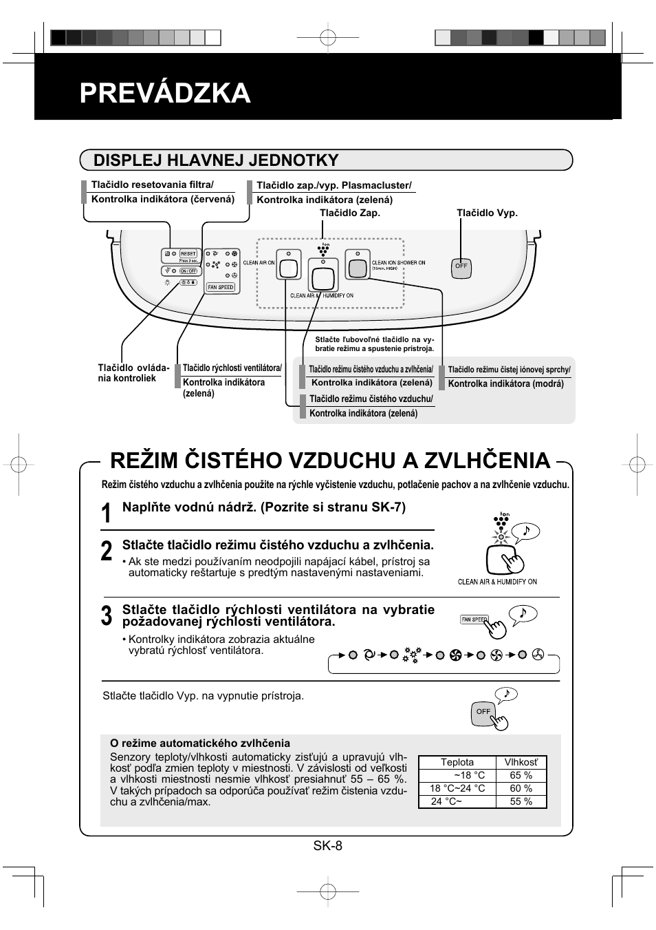 Prevádzka, Režim čistého vzduchu a zvlhčenia, Displej hlavnej jednotky | Sharp KC-860E User Manual | Page 172 / 264