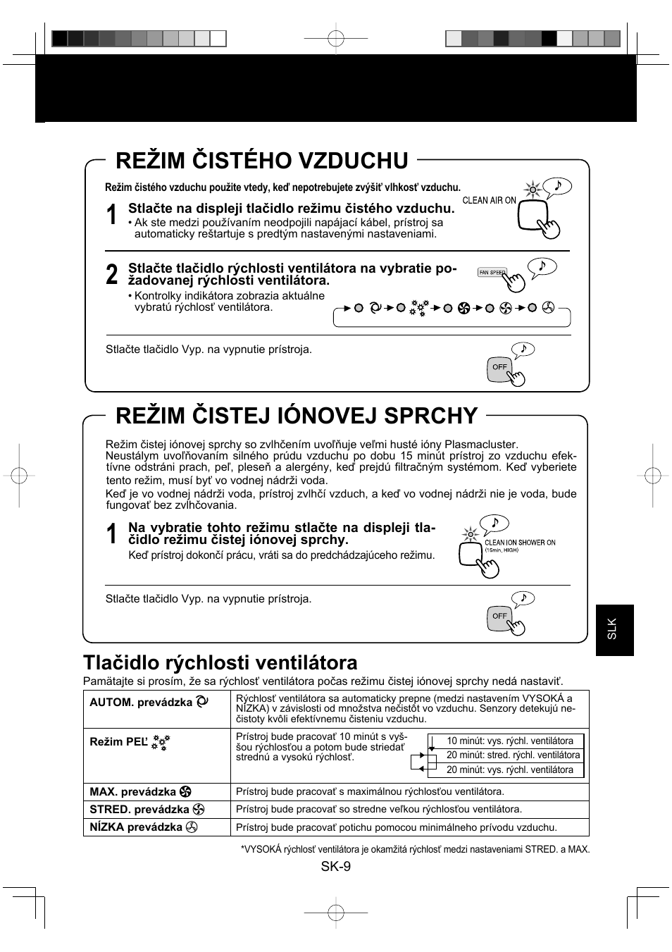 Režim čistého vzduchu, Režim čistej iónovej sprchy, Tlačidlo rýchlosti ventilátora | Sharp KC-860E User Manual | Page 173 / 264