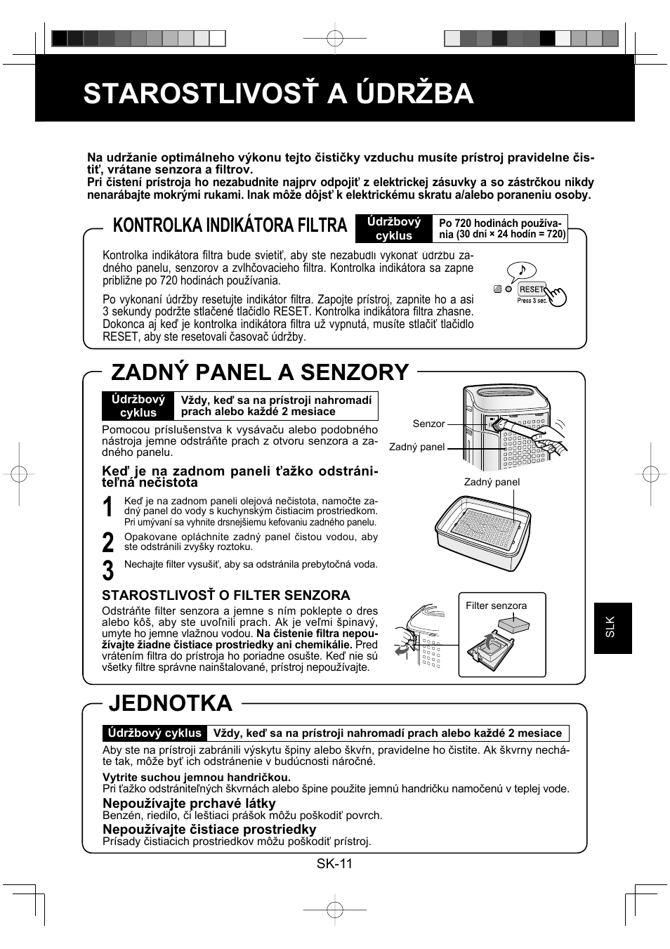 Starostlivosť a údržba, Jednotka, Zadný panel a senzory | Kontrolka indikátora filtra | Sharp KC-860E User Manual | Page 175 / 264