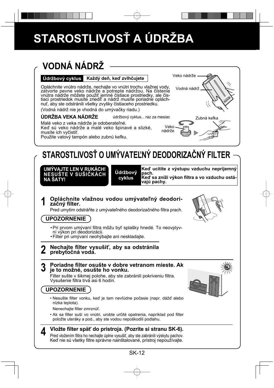 Starostlivosť a údržba, Vodná nádrž, Starostlivosť o umývateľný deodorizačný filter | Sharp KC-860E User Manual | Page 176 / 264