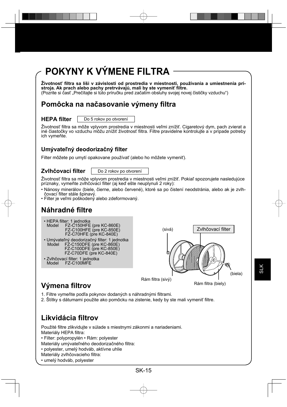 Pokyny k výmene filtra, Pomôcka na načasovanie výmeny fi ltra, Náhradné fi ltre | Výmena fi ltrov, Likvidácia fi ltrov, Sk-15, Hepa fi lter, Umývateľný deodorizačný fi lter, Zvlhčovací fi lter | Sharp KC-860E User Manual | Page 179 / 264
