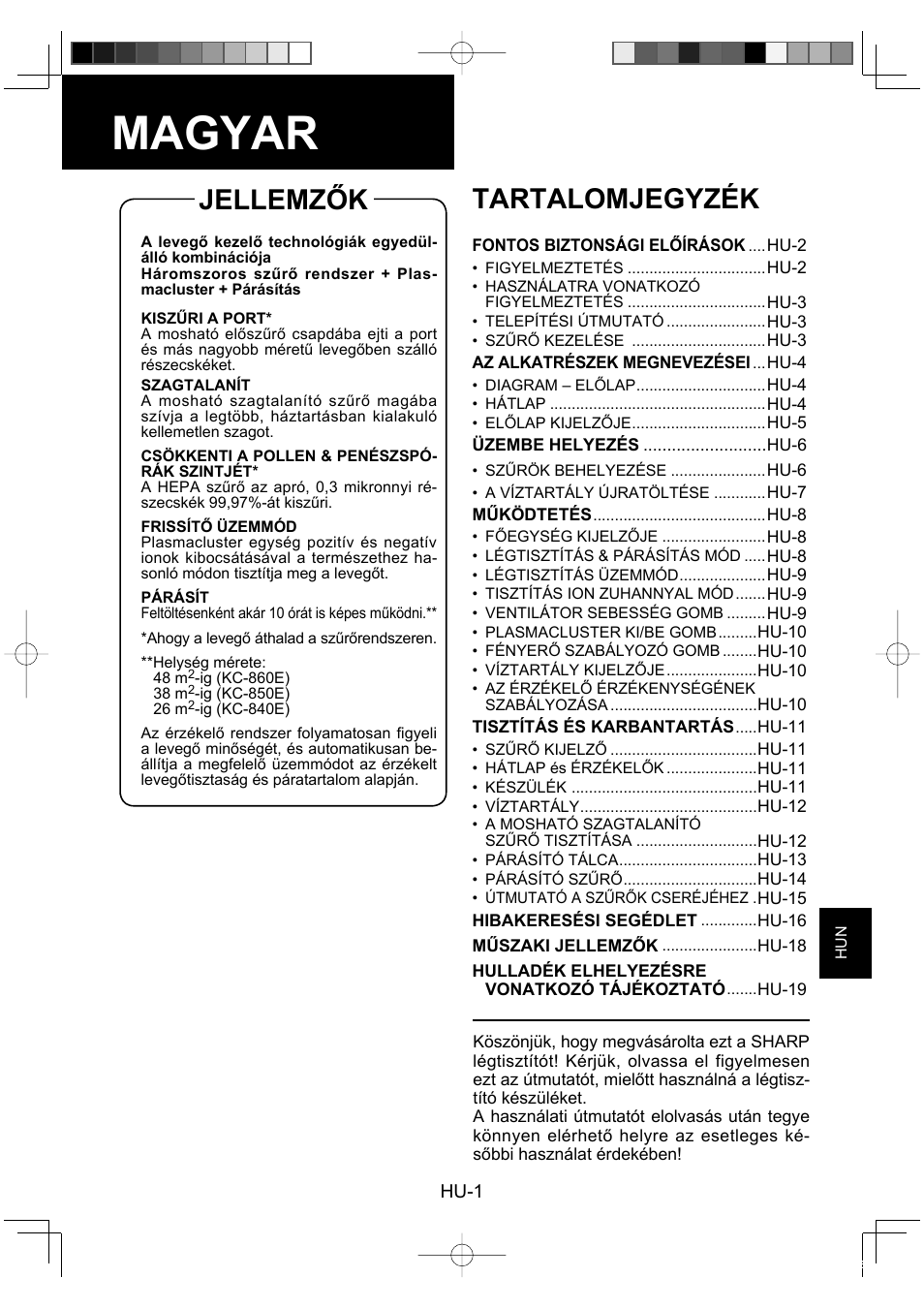 Magyar, Jellemzők tartalomjegyzék | Sharp KC-860E User Manual | Page 185 / 264