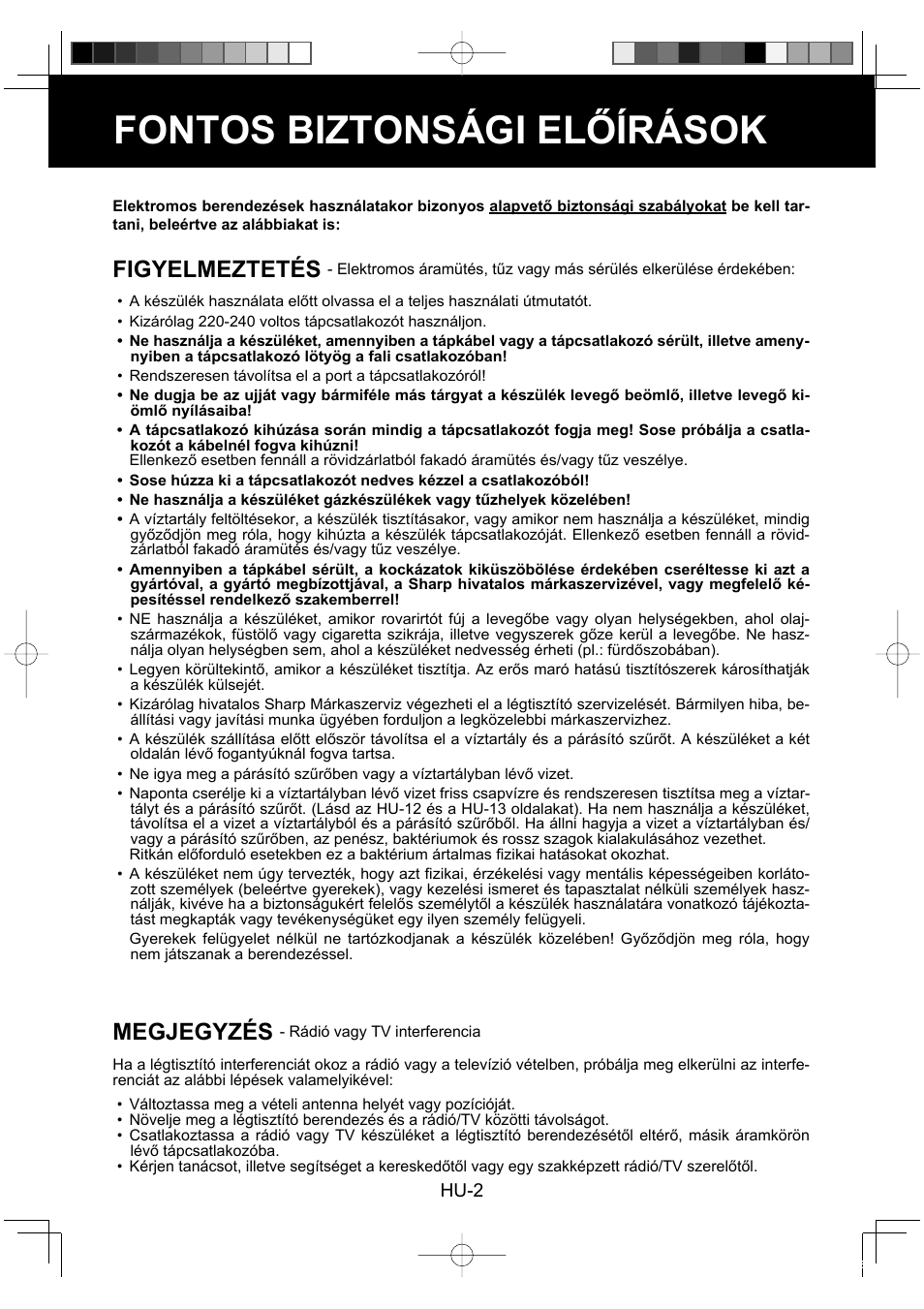 Fontos biztonsági előírások, Figyelmeztetés, Megjegyzés | Sharp KC-860E User Manual | Page 186 / 264
