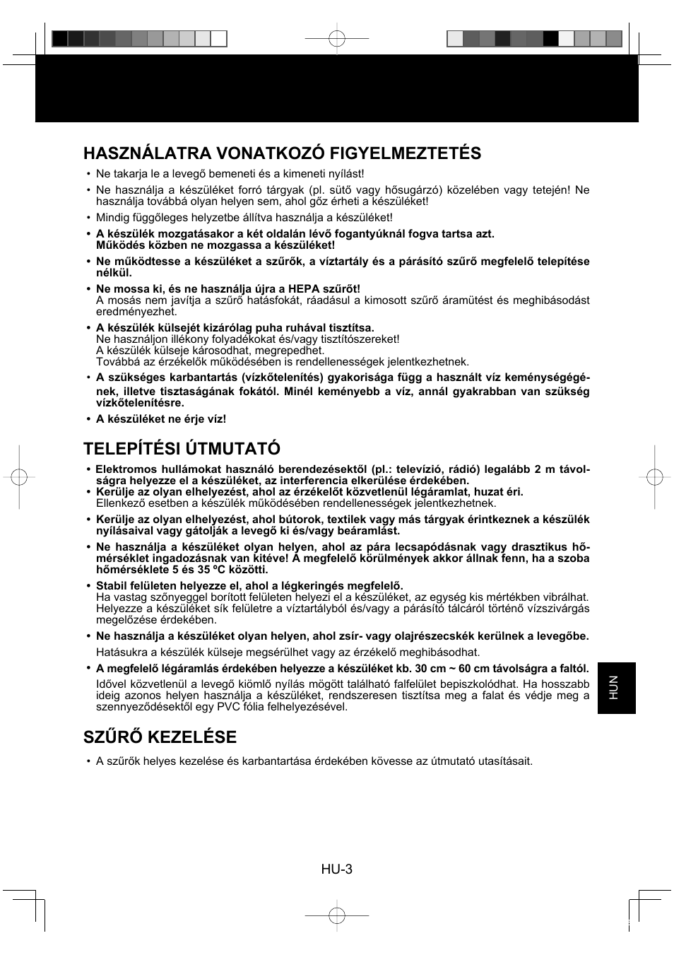 Használatra vonatkozó figyelmeztetés, Telepítési útmutató, Szűrő kezelése | Sharp KC-860E User Manual | Page 187 / 264