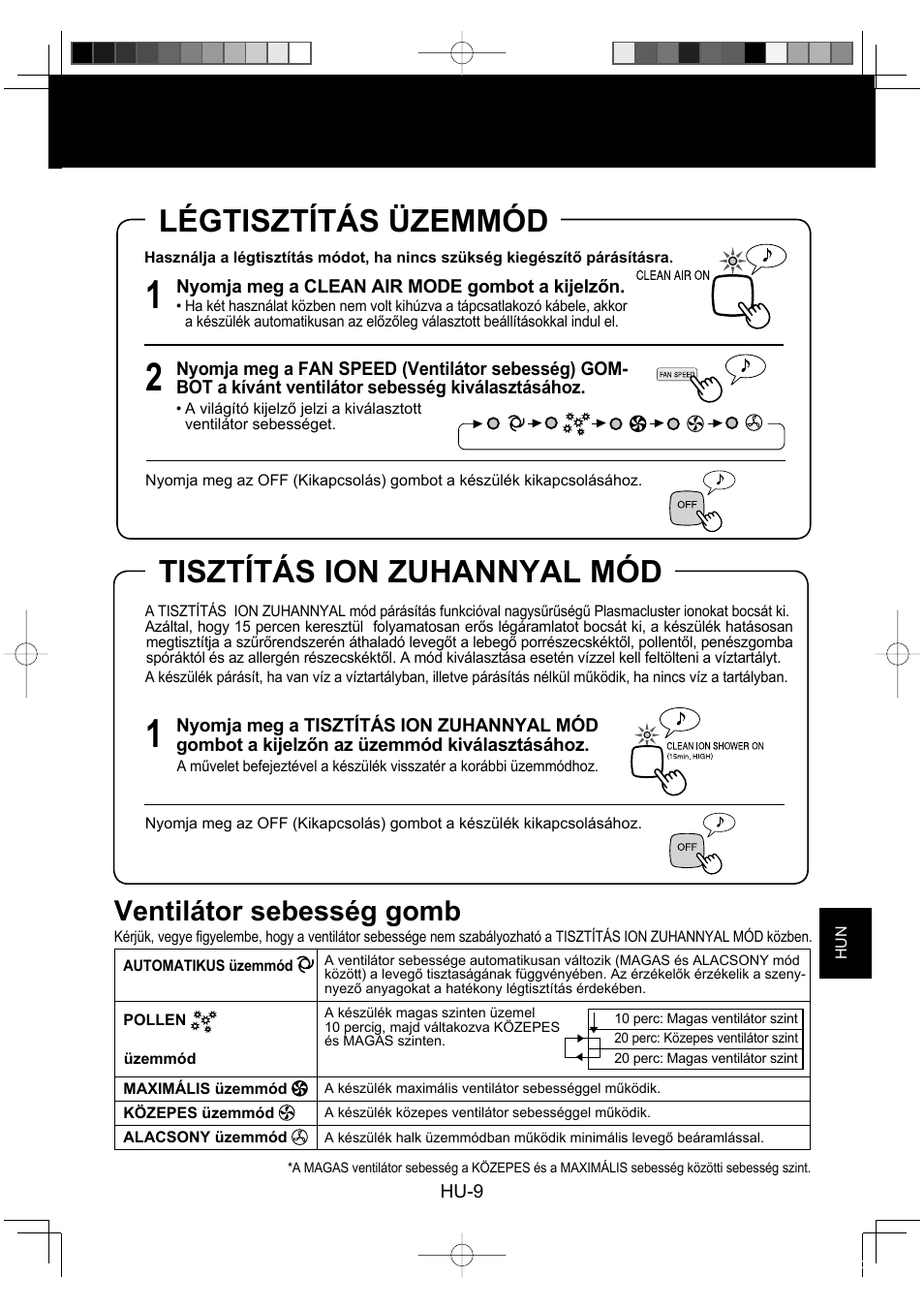 Légtisztítás üzemmód, Tisztítás ion zuhannyal mód, Ventilátor sebesség gomb | Sharp KC-860E User Manual | Page 193 / 264