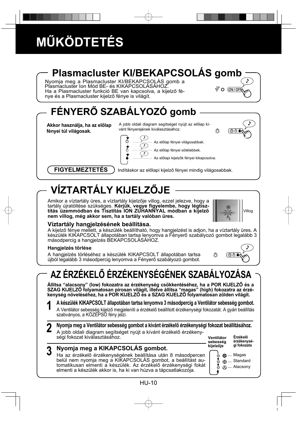 Működtetés, Víztartály kijelzője, Az érzékelő érzékenységének szabályozása | Plasmacluster ki/bekapcsolás gomb, Fényerő szabályozó gomb | Sharp KC-860E User Manual | Page 194 / 264