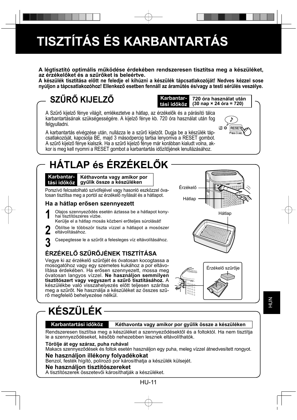 Tisztítás és karbantartás, Készülék, Hátlap és érzékelők | Szűrő kijelző | Sharp KC-860E User Manual | Page 195 / 264