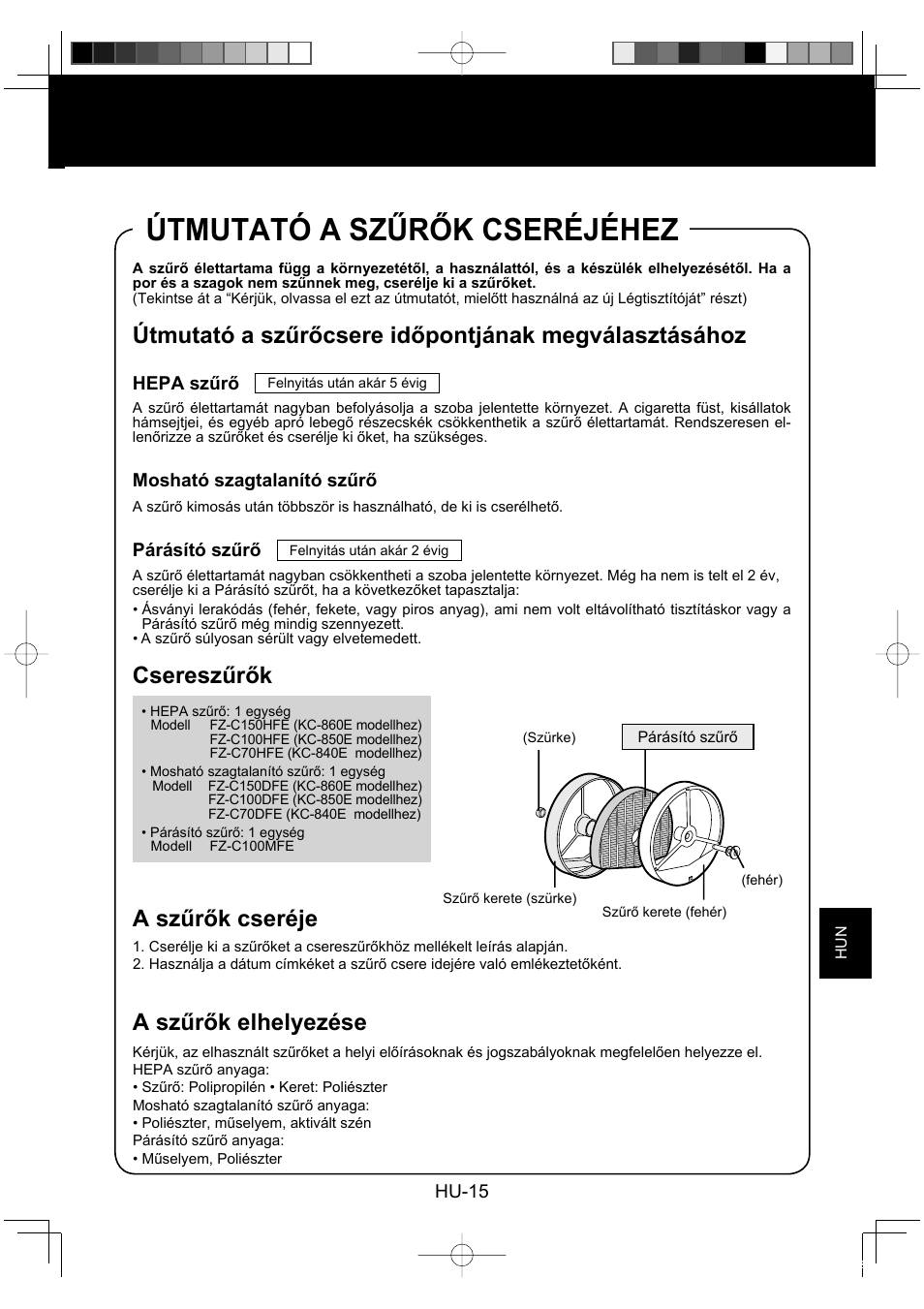Útmutató a szűrők cseréjéhez, Csereszűrők, A szűrők cseréje | A szűrők elhelyezése | Sharp KC-860E User Manual | Page 199 / 264