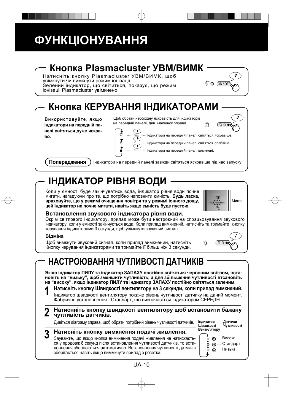 Функціонування, Індикатор рівня води, Настроювання чутливості датчиків | Кнопка, Кнопка plasmacluster увм/вимк, Керування індикаторами | Sharp KC-860E User Manual | Page 214 / 264