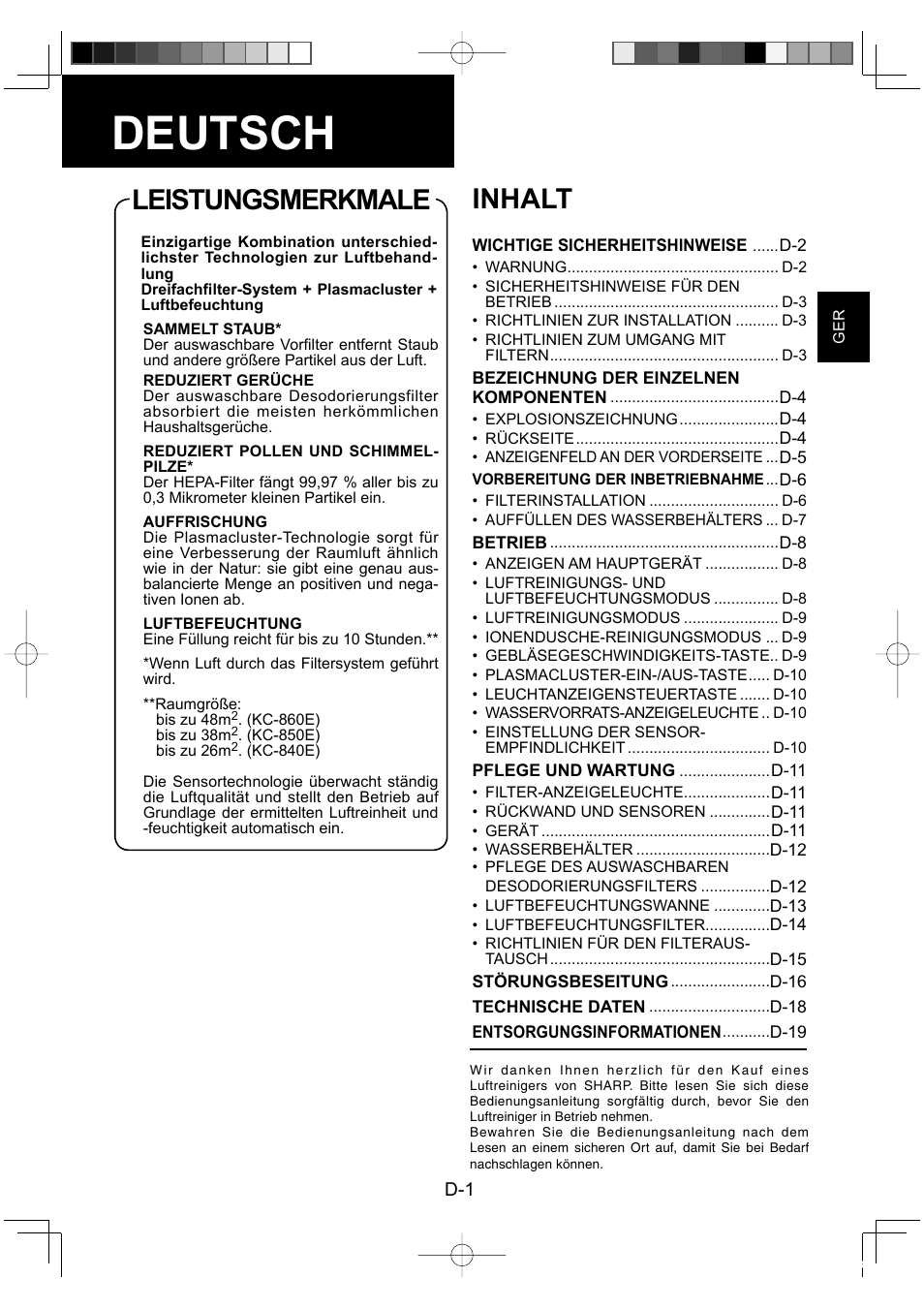 Deutsch, Leistungsmerkmale inhalt | Sharp KC-860E User Manual | Page 23 / 264