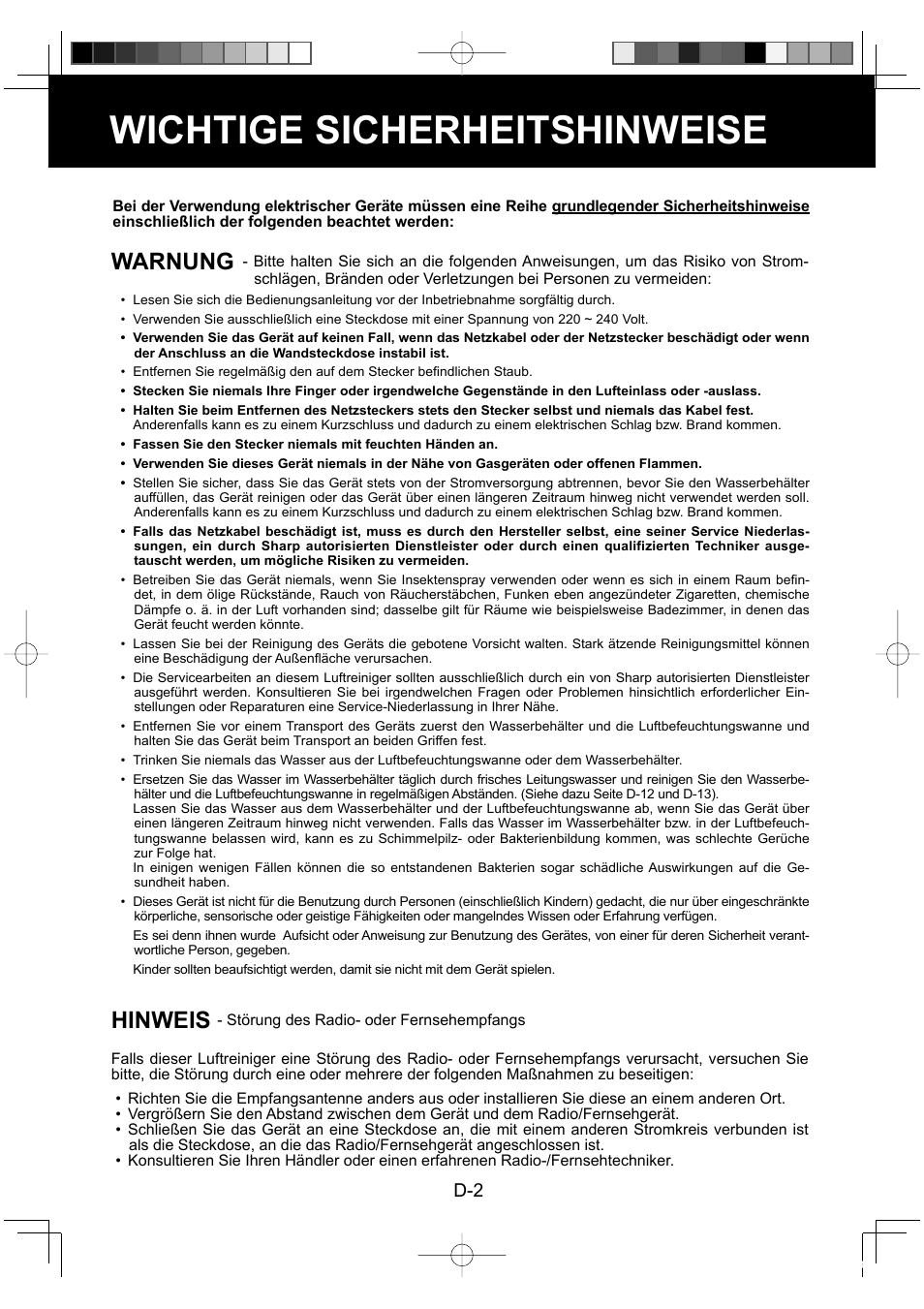Wichtige sicherheitshinweise, Warnung, Hinweis | Sharp KC-860E User Manual | Page 24 / 264