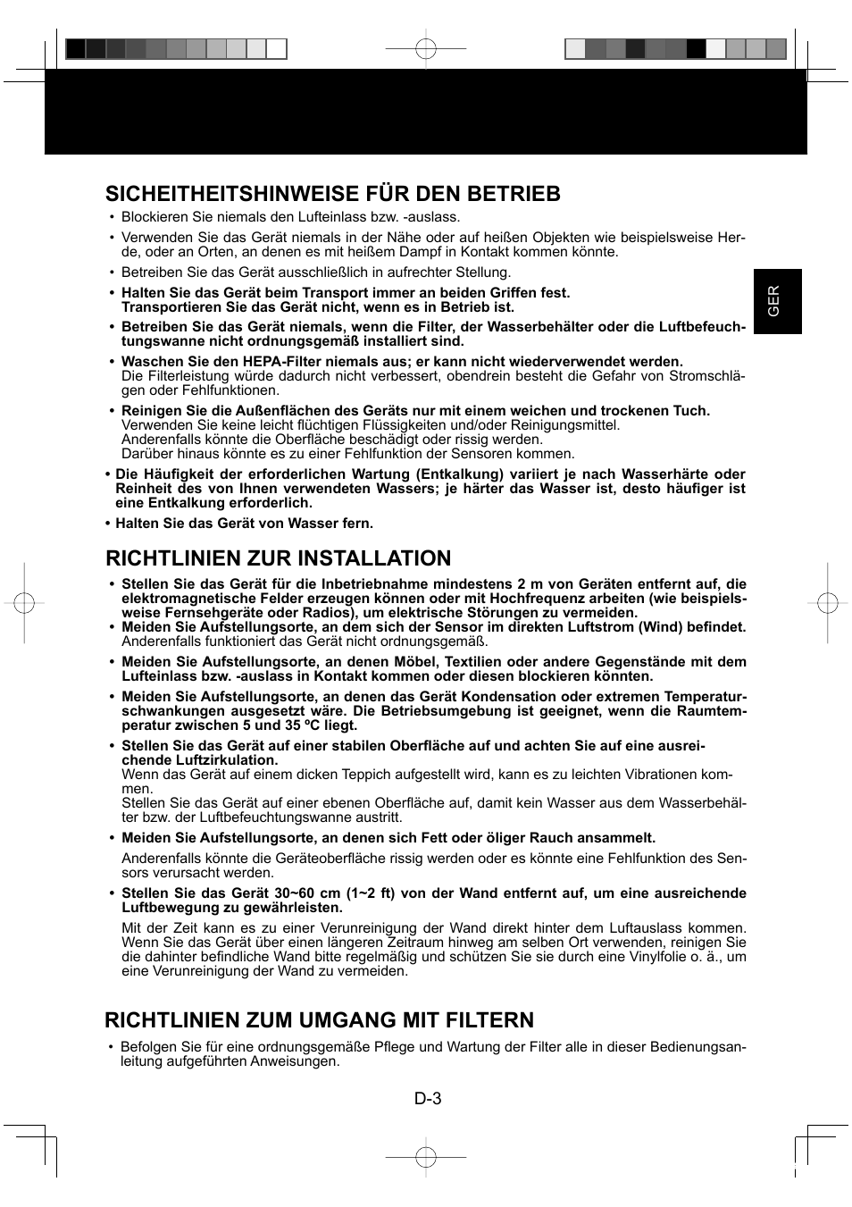 Richtlinien zum umgang mit filtern, Sicheitheitshinweise für den betrieb, Richtlinien zur installation | Sharp KC-860E User Manual | Page 25 / 264
