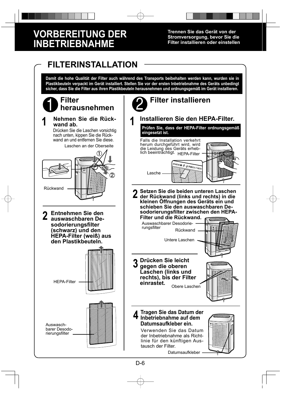Vorbereitung der inbetriebnahme, Filterinstallation, Filter installieren | Filter herausnehmen | Sharp KC-860E User Manual | Page 28 / 264