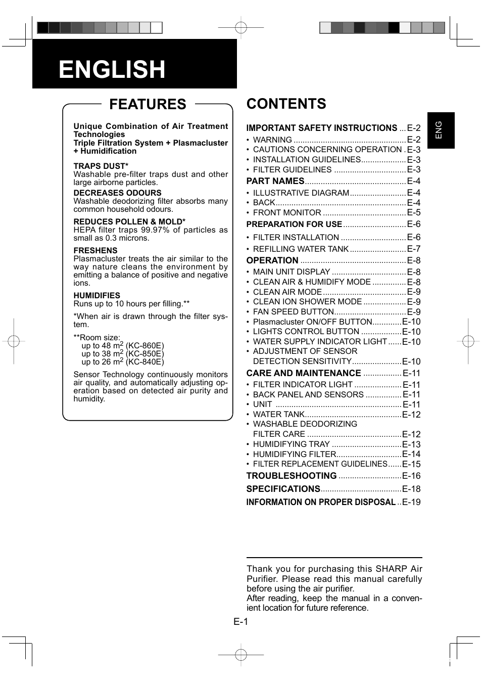 English, Features contents | Sharp KC-860E User Manual | Page 3 / 264