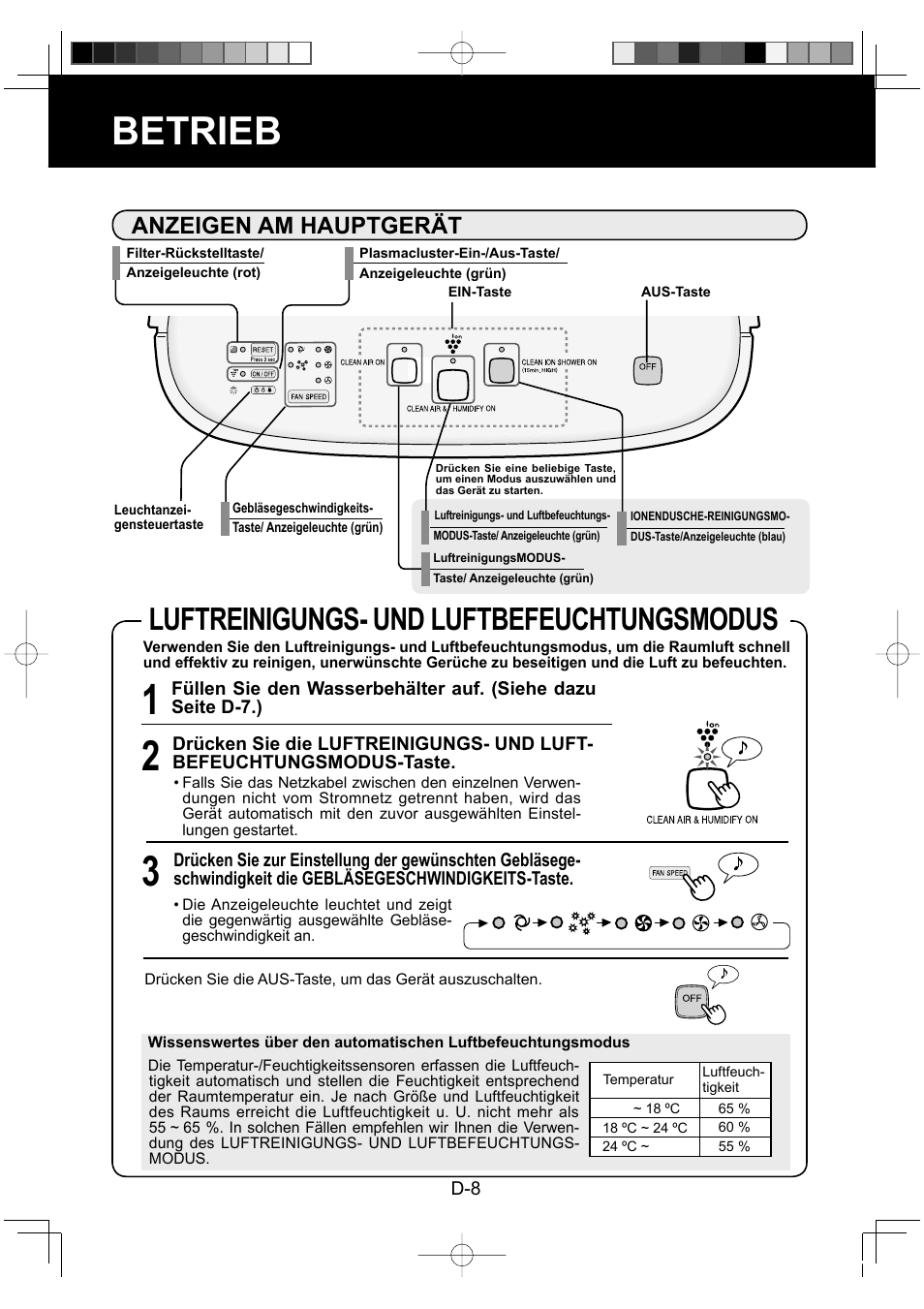 Betrieb, Luftreinigungs- und luftbefeuchtungsmodus, Anzeigen am hauptgerät | Sharp KC-860E User Manual | Page 30 / 264