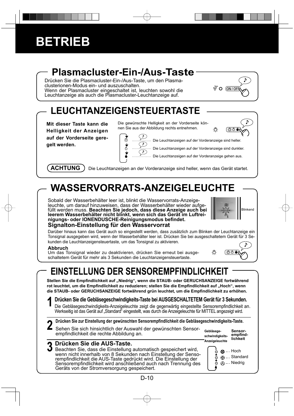 Betrieb, Wasservorrats-anzeigeleuchte, Einstellung der sensorempfindlichkeit | Plasmacluster-ein-/aus-taste, Leuchtanzeigensteuertaste | Sharp KC-860E User Manual | Page 32 / 264