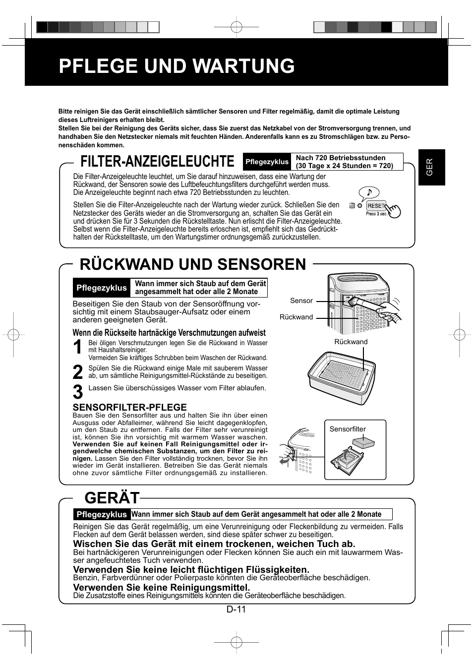 Pflege und wartung, Gerät filter-anzeigeleuchte rückwand und sensoren | Sharp KC-860E User Manual | Page 33 / 264